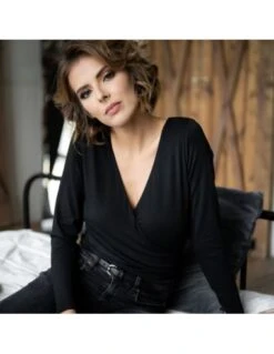 Body Culotte Manches Longues Col V En Micromodal Grandes Tailles SECOND SKIN KRISLINE Noir